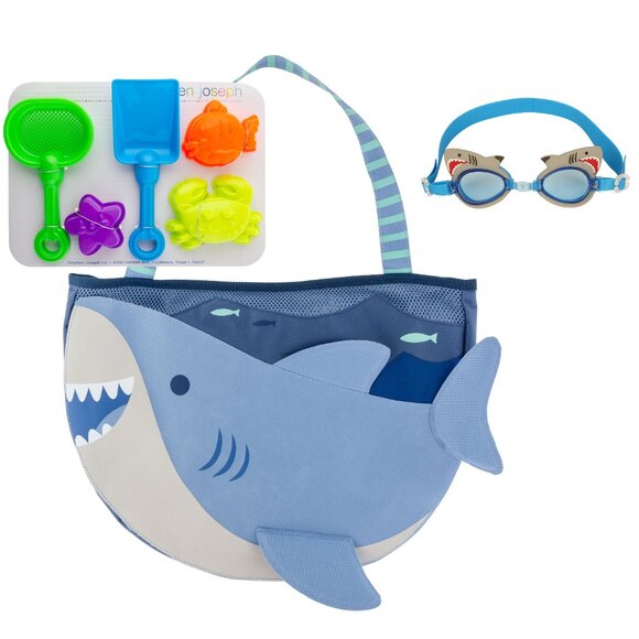 Stephen Joseph Shark Beach Tote Bag with Sand Toys and Shark Goggles - Picture 1 of 10